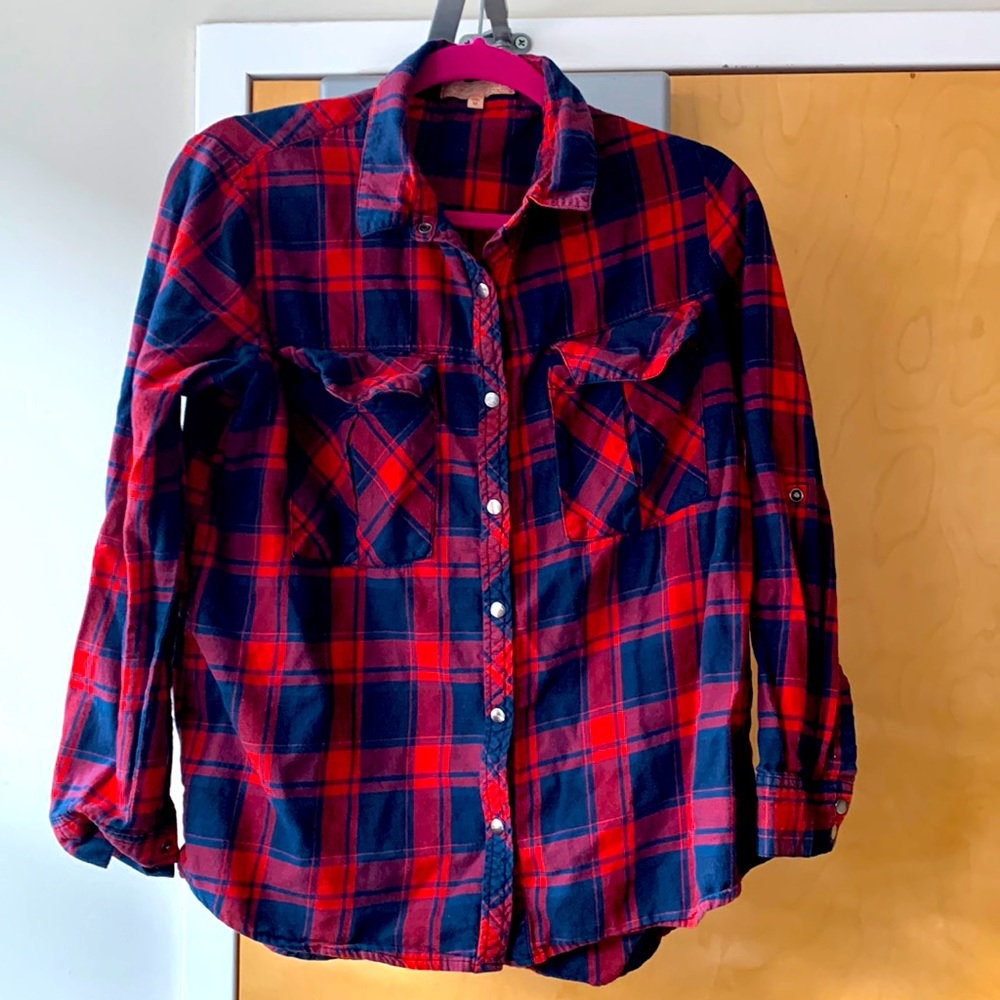 Red & Navy blue plaid long sleeve shirt